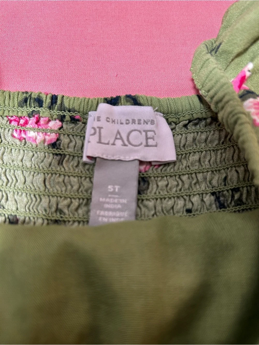 Girls Olive Green Floral Smocked Dress with Pink Roses Size 5